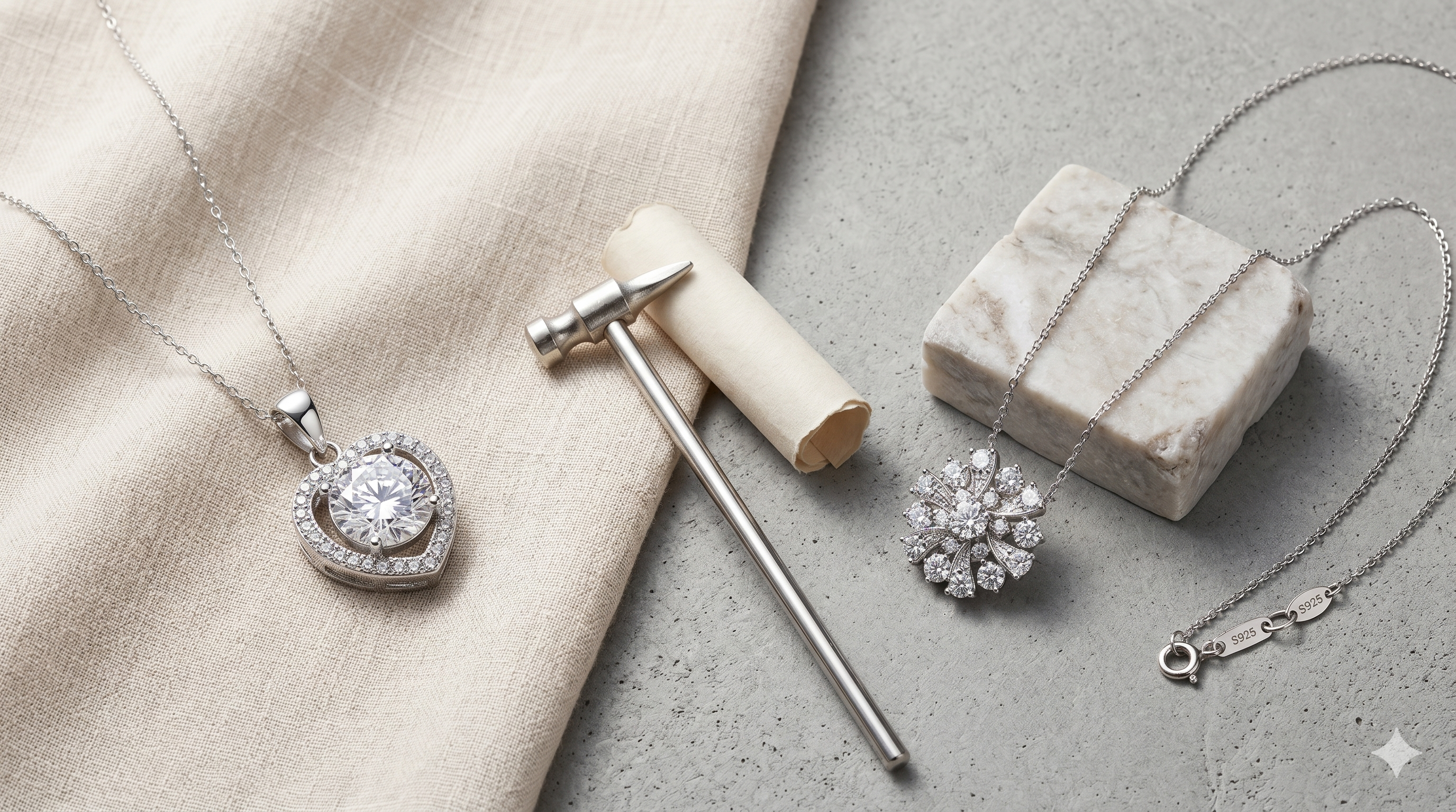 Artisan 925 silver necklace collection by Nura Label. Features zircon heart and moissanite windmill pendants on linen and concrete with jeweler's tools. Handcrafted in Ukraine. Minimalist quiet luxury jewelry banner.