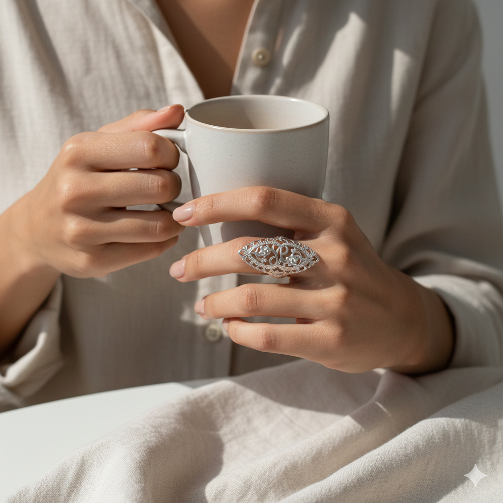 Intricate 925 sterling silver filigree shield ring featuring a hollow-out floral lace pattern, handcrafted statement jewelry by Nura Label.