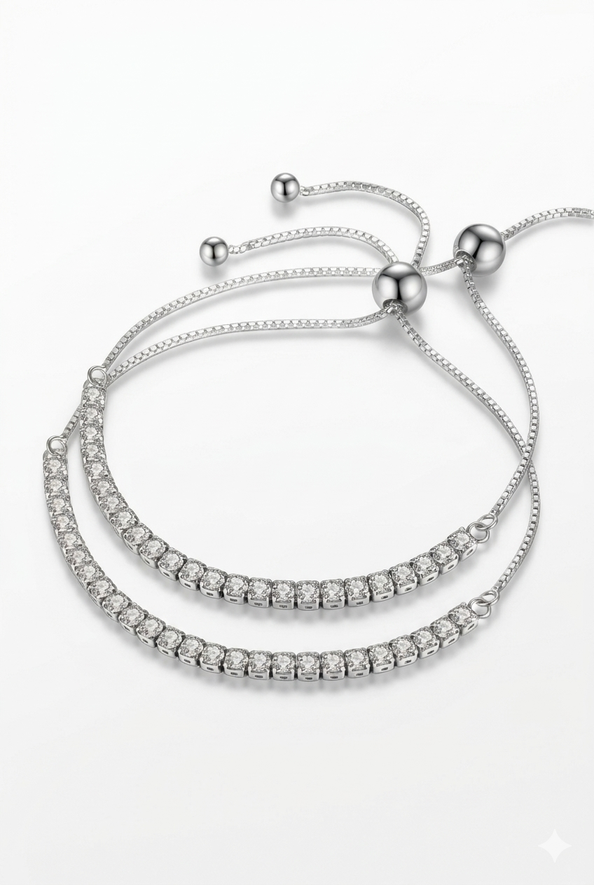 Minimalist 925 sterling silver Vera tennis bracelet on a woman's wrist.