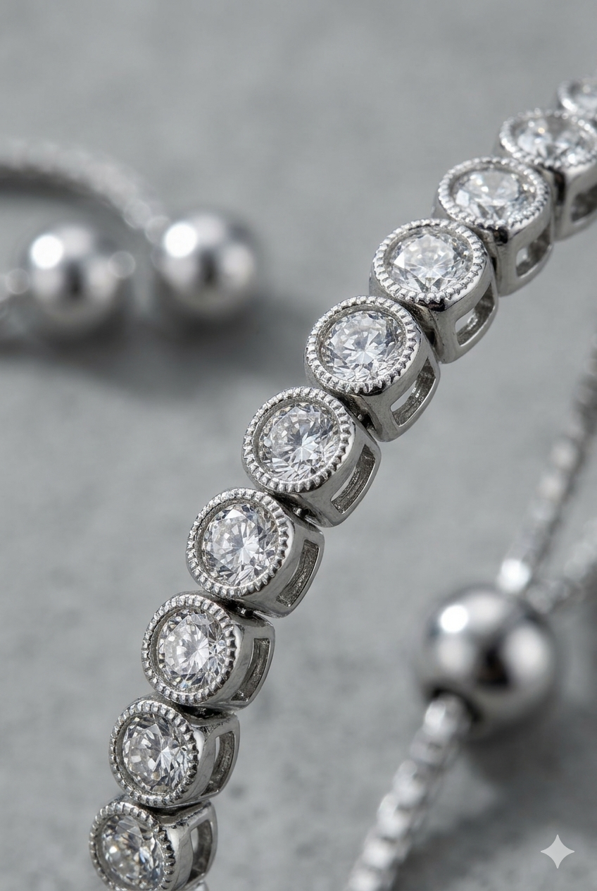 Minimalist 925 sterling silver Vera tennis bracelet on a woman's wrist.