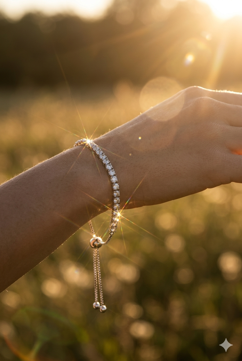 Minimalist 925 sterling silver Vera tennis bracelet on a woman's wrist.