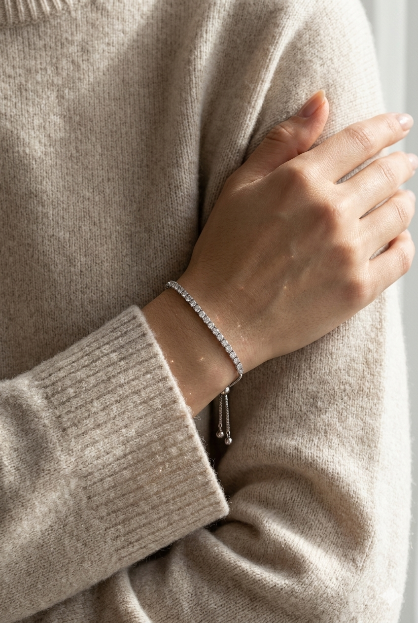 Minimalist 925 sterling silver Vera tennis bracelet on a woman's wrist.