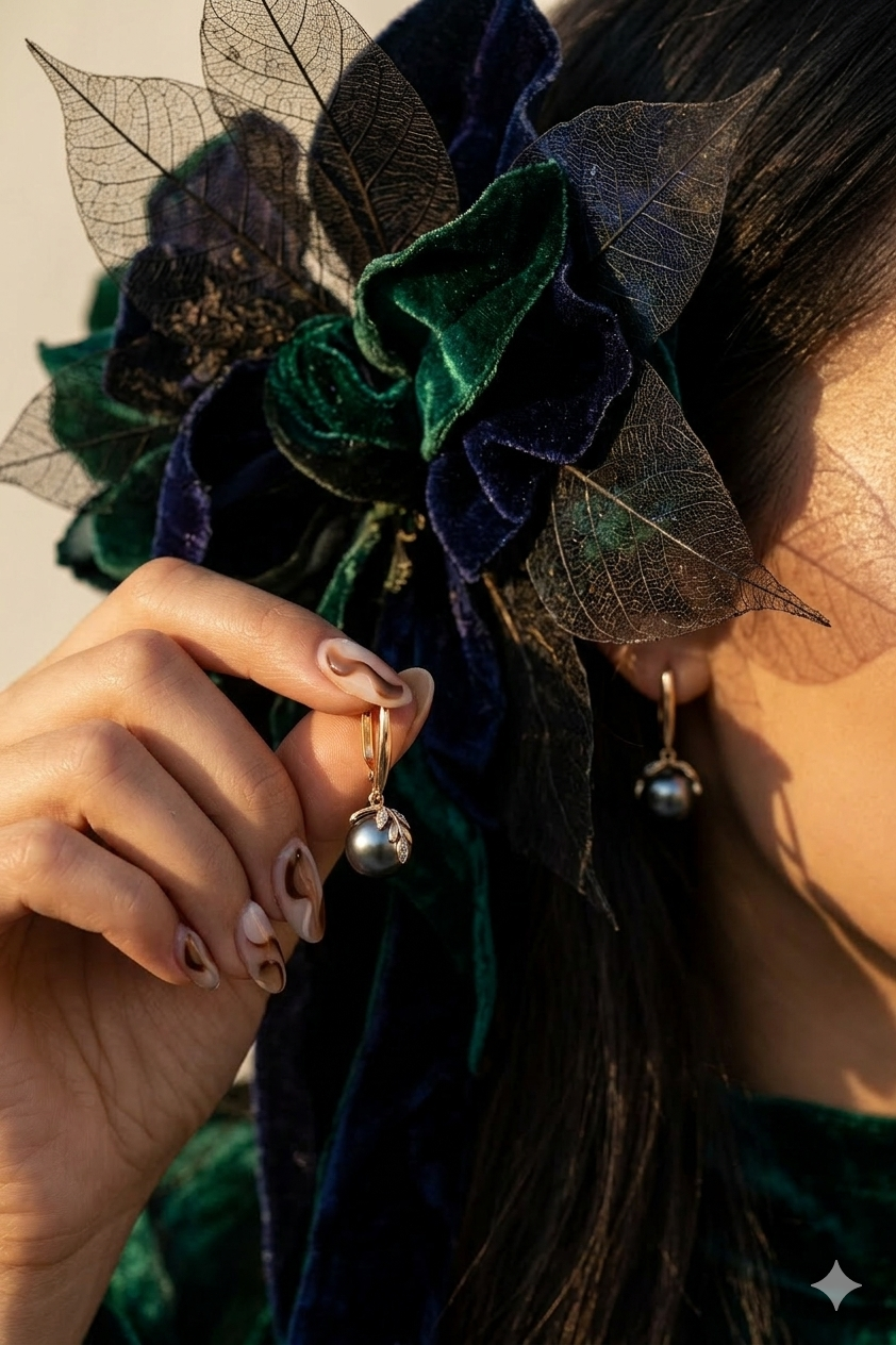 Elegant long drop earrings featuring a deep black pearl accent and a textured 18K gold-plated S925 silver knot detail by Nura Label.