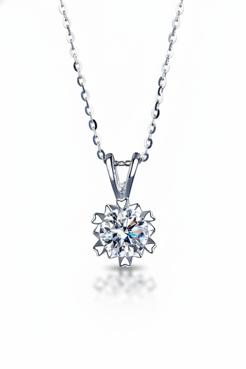 Close-up of The Zephyr necklace featuring a brilliant 1.0 carat moissanite center stone set in a solid S925 silver windmill halo.
