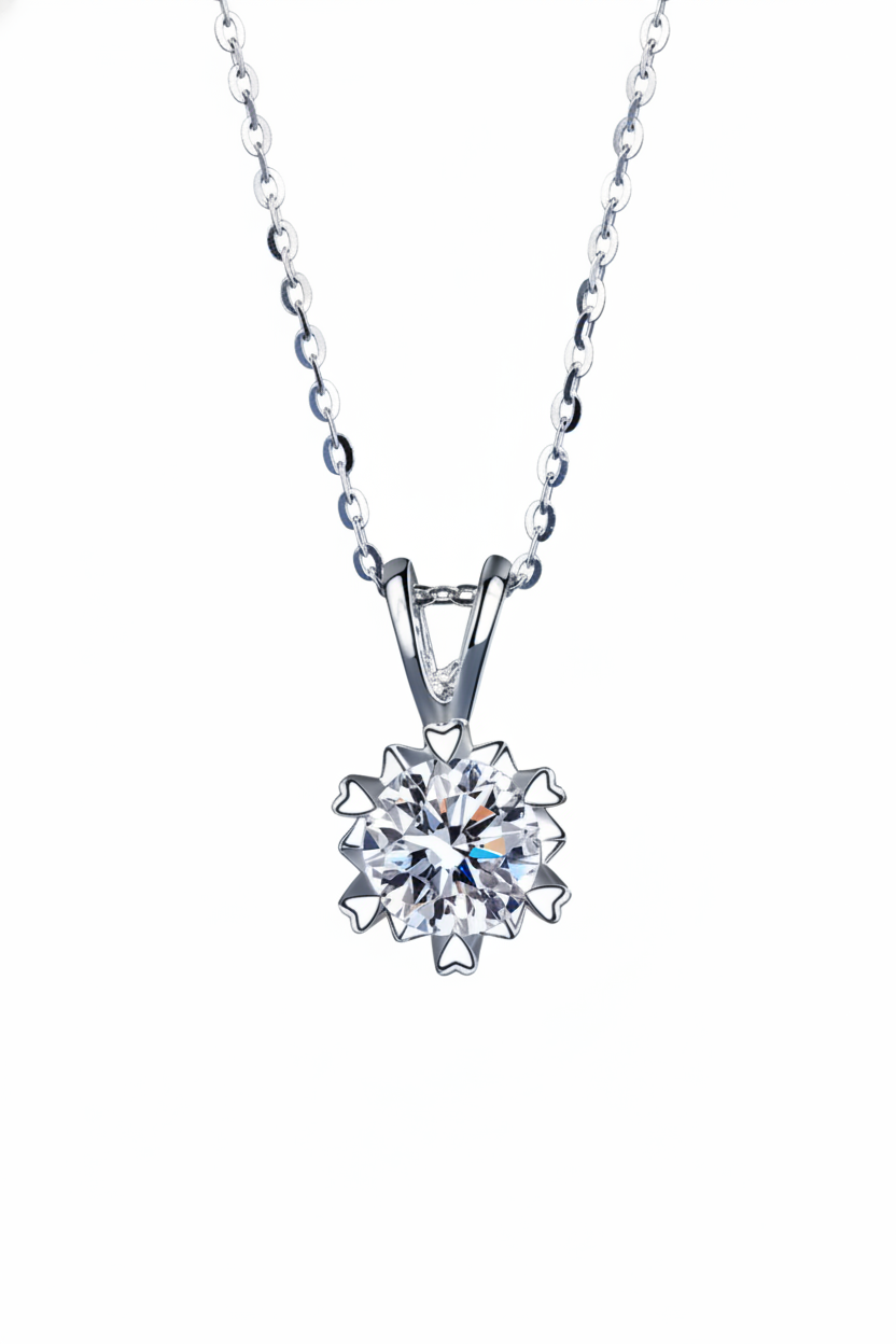 Close-up of The Zephyr necklace featuring a brilliant 1.0 carat moissanite center stone set in a solid S925 silver windmill halo.
