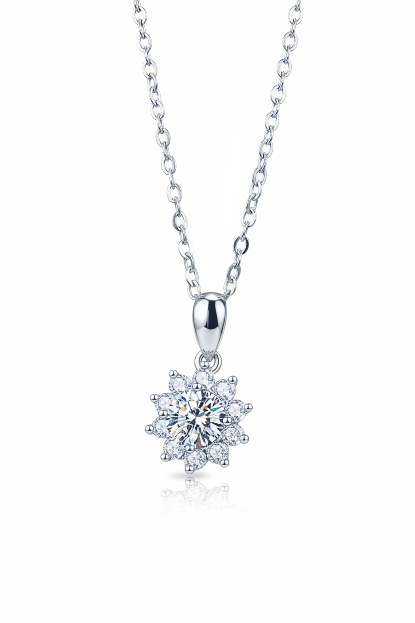 Close-up of a 1.0 carat moissanite pendant with a floral pavé halo, set in solid 925 sterling silver.