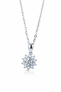 Close-up of a 1.0 carat moissanite pendant with a floral pavé halo, set in solid 925 sterling silver.