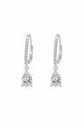 Close-up of The Lyra drop earrings featuring a brilliant clear teardrop-shaped stone in a high-polish solid 925 sterling silver setting.
