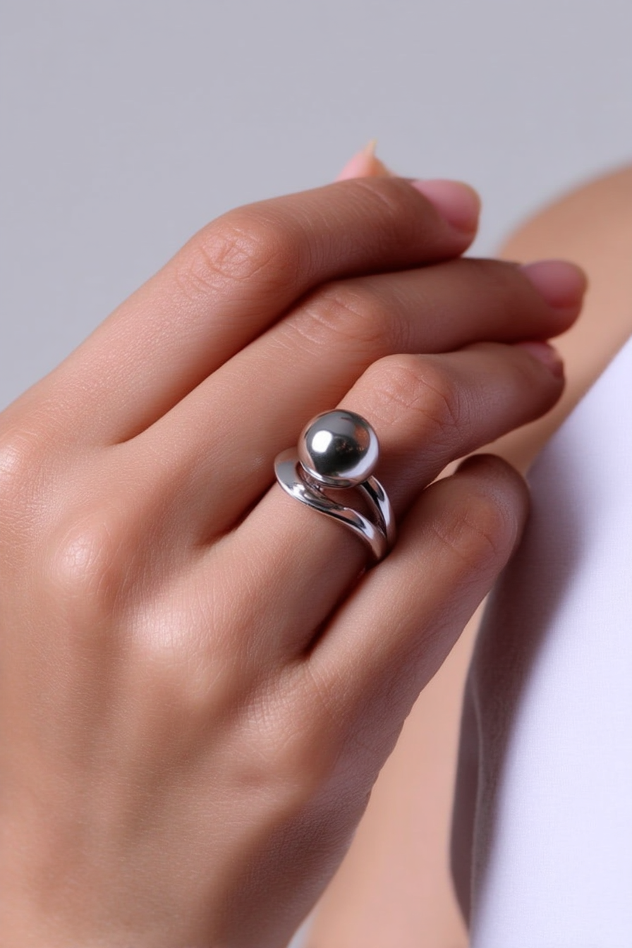 Minimalist 925 sterling silver ring with a large smooth polished sphere on a vintage band by Nura Label.