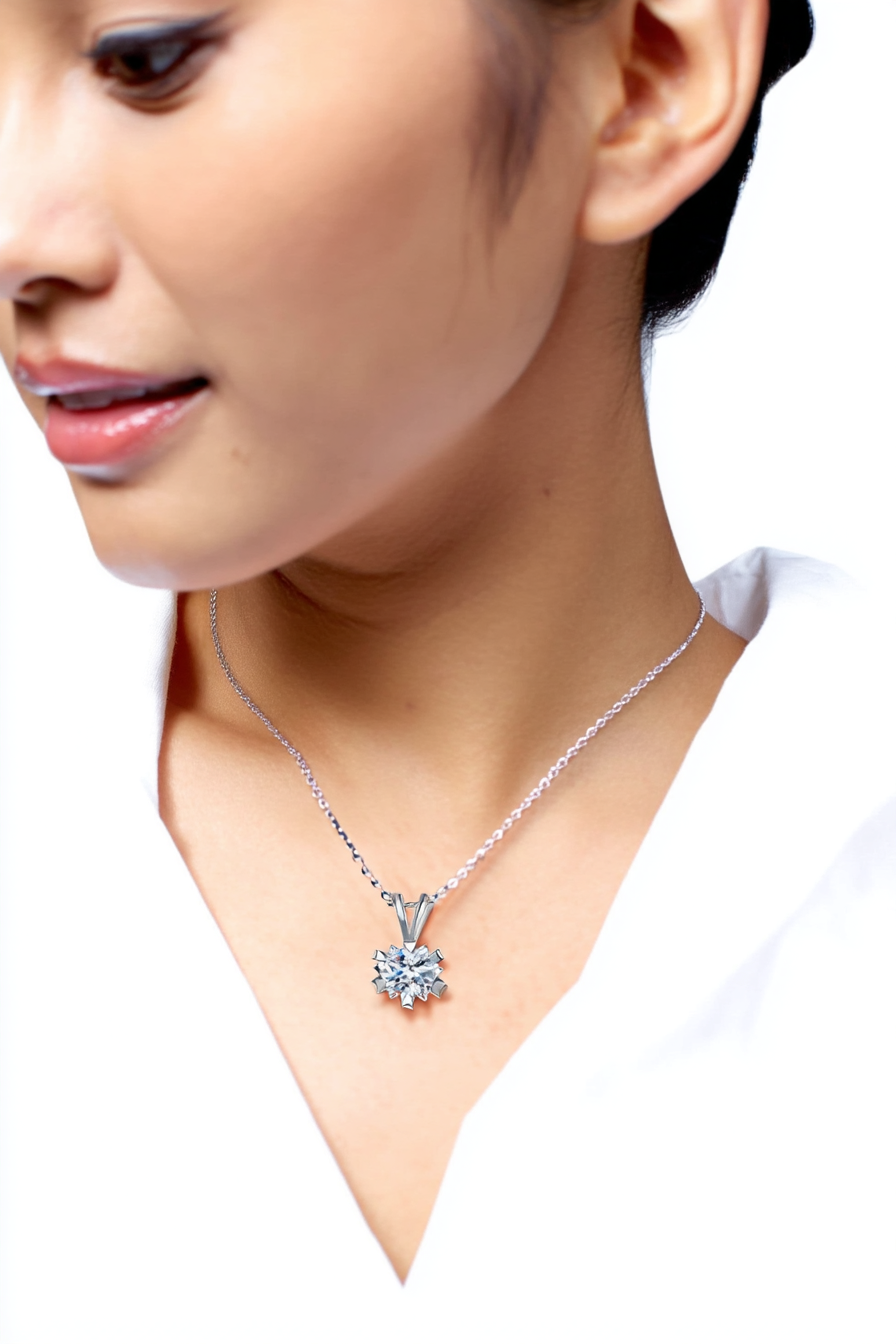 Close-up of The Zephyr necklace featuring a brilliant 1.0 carat moissanite center stone set in a solid S925 silver windmill halo.