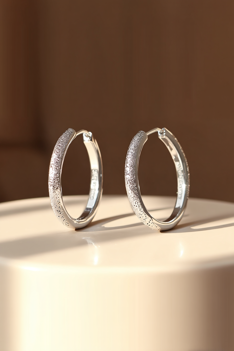 Close-up of The Étoile textured hoops, showcasing the sparkling frosted stardust finish on solid 925 sterling silver circles.