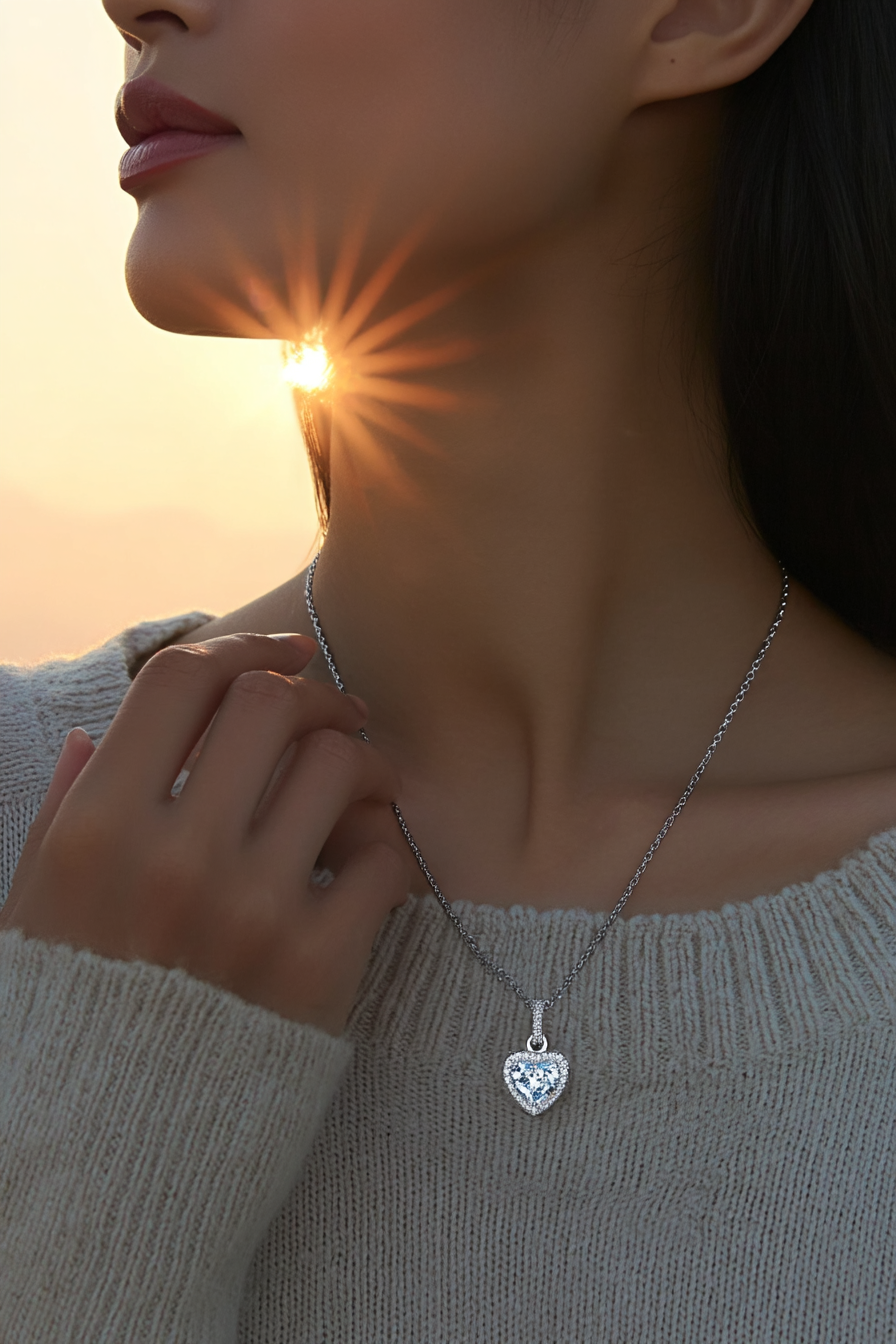 Close-up of The Celeste Heart Necklace featuring a sparkling heart-shaped zircon stone with a pavé halo, set in solid 925 sterling silver.