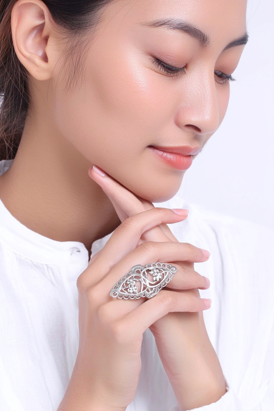 Intricate 925 sterling silver filigree shield ring featuring a hollow-out floral lace pattern, handcrafted statement jewelry by Nura Label.