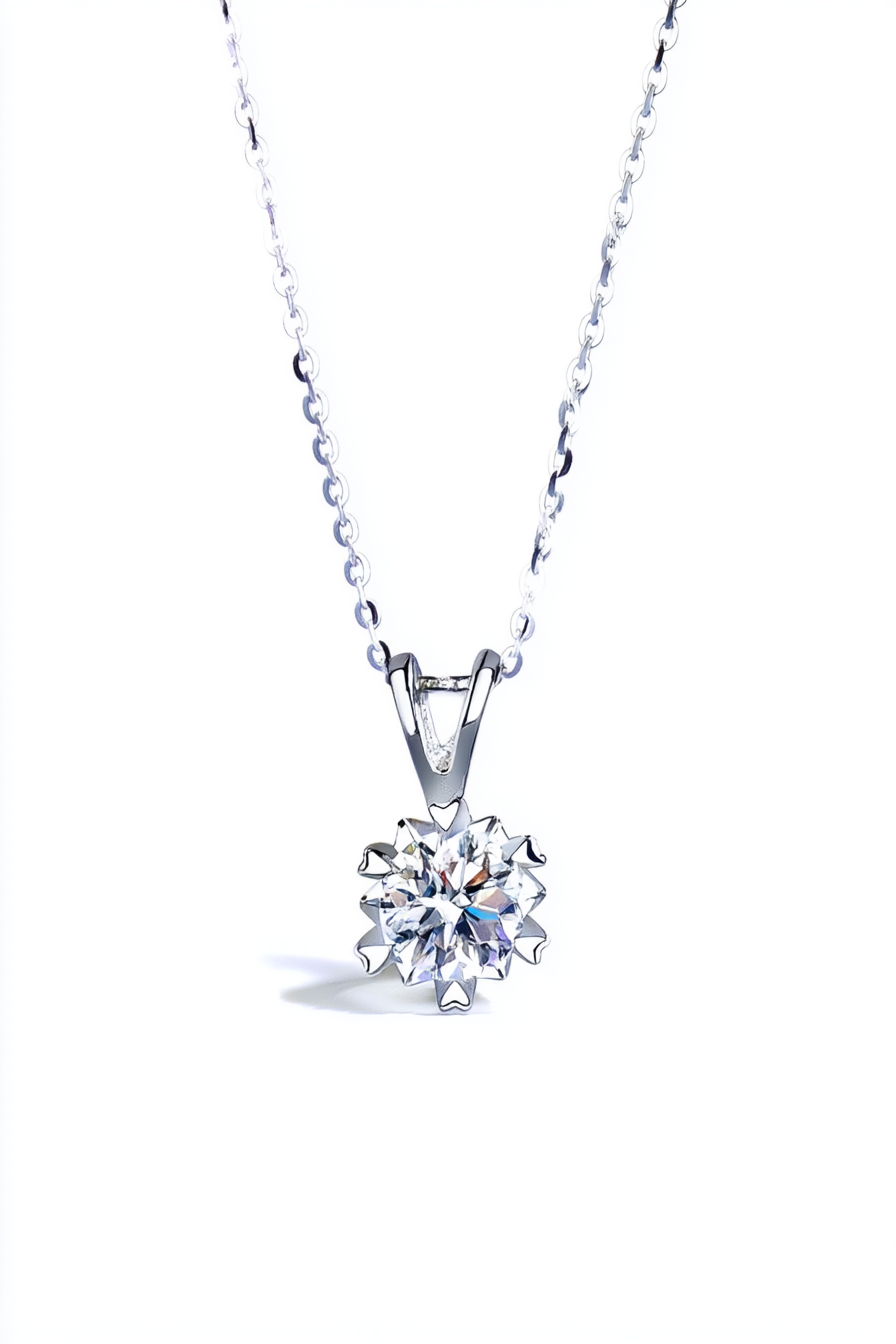 Close-up of The Zephyr necklace featuring a brilliant 1.0 carat moissanite center stone set in a solid S925 silver windmill halo.