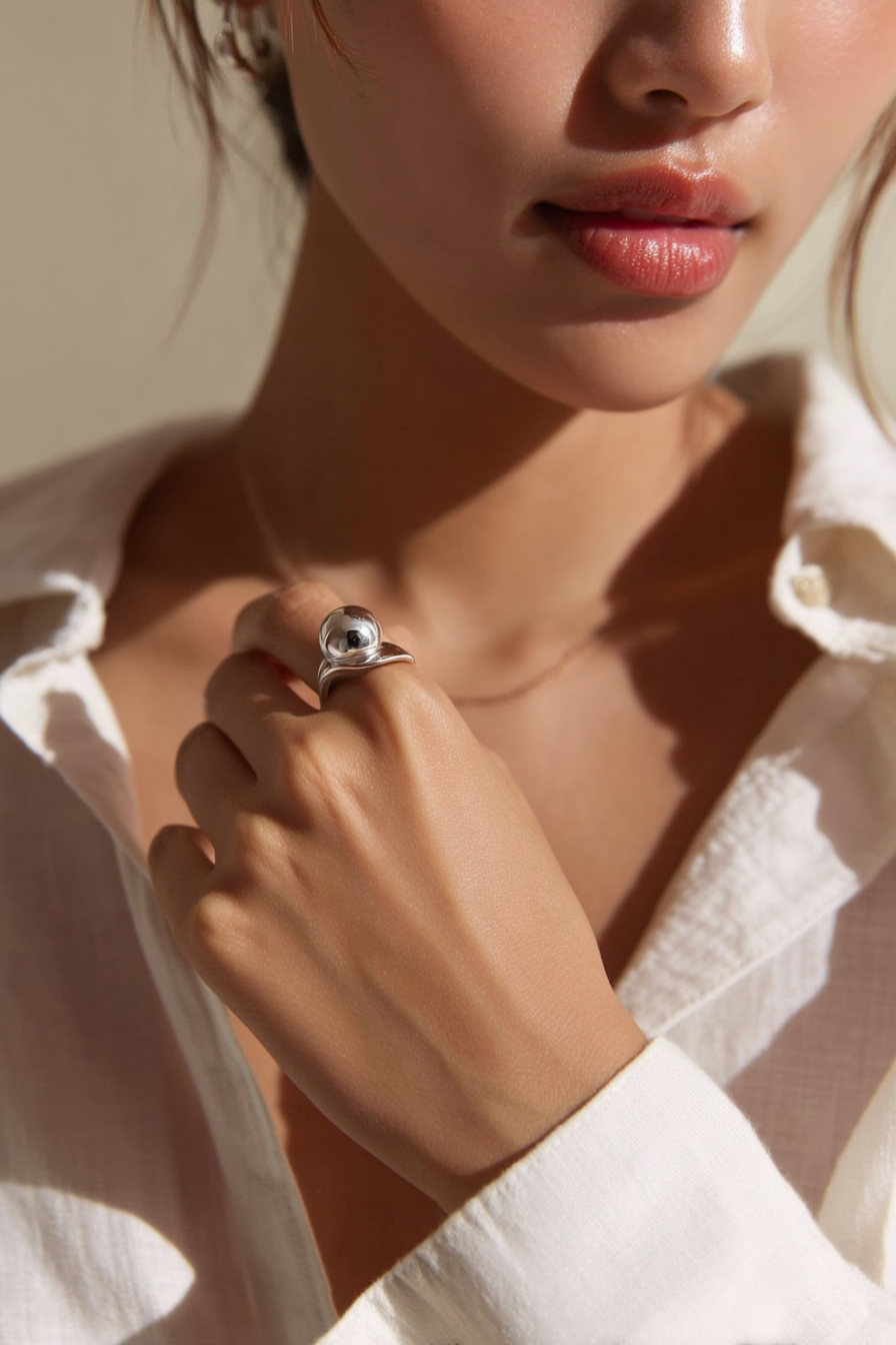 Minimalist 925 sterling silver ring with a large smooth polished sphere on a vintage band by Nura Label.
