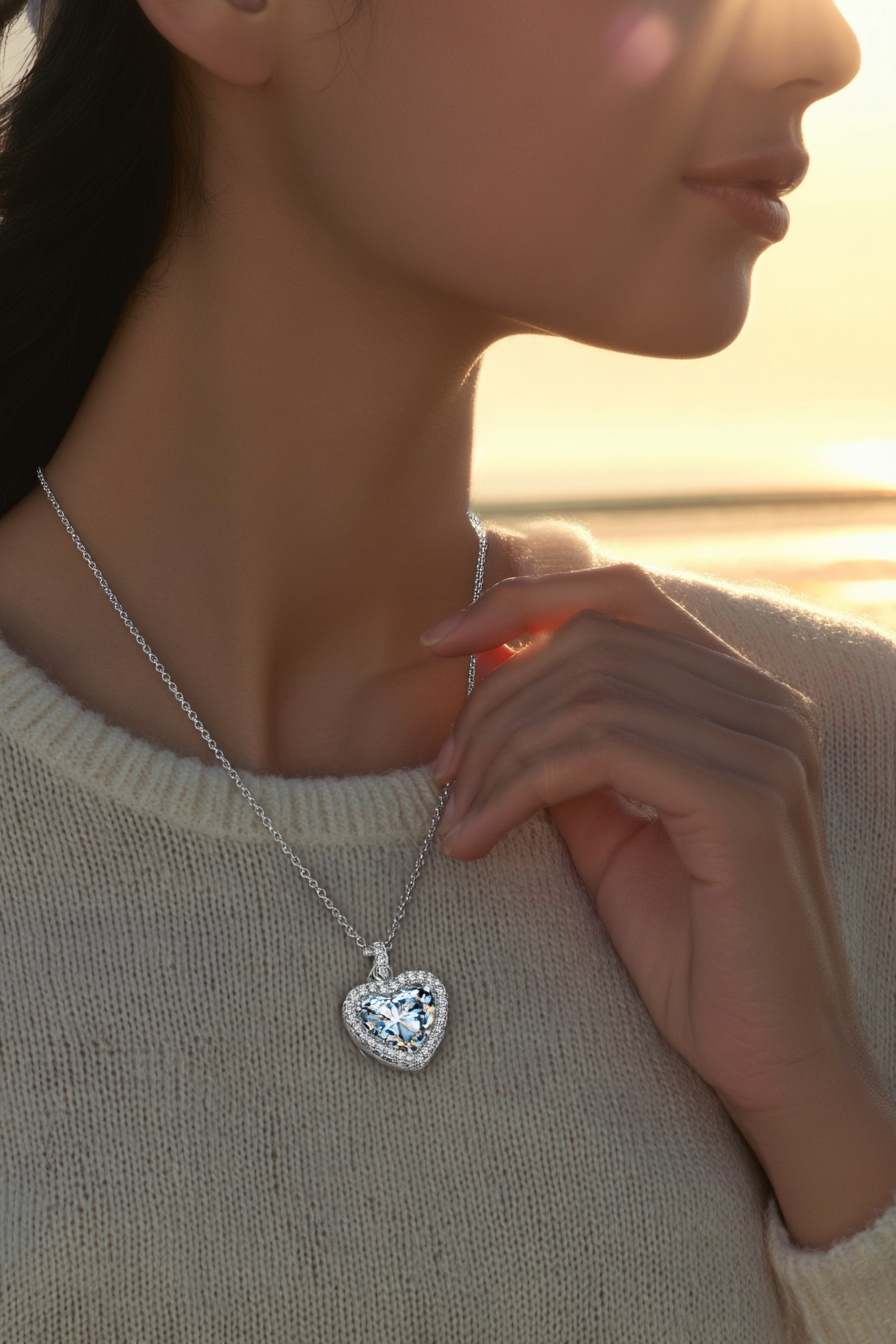 Close-up of The Celeste Heart Necklace featuring a sparkling heart-shaped zircon stone with a pavé halo, set in solid 925 sterling silver.