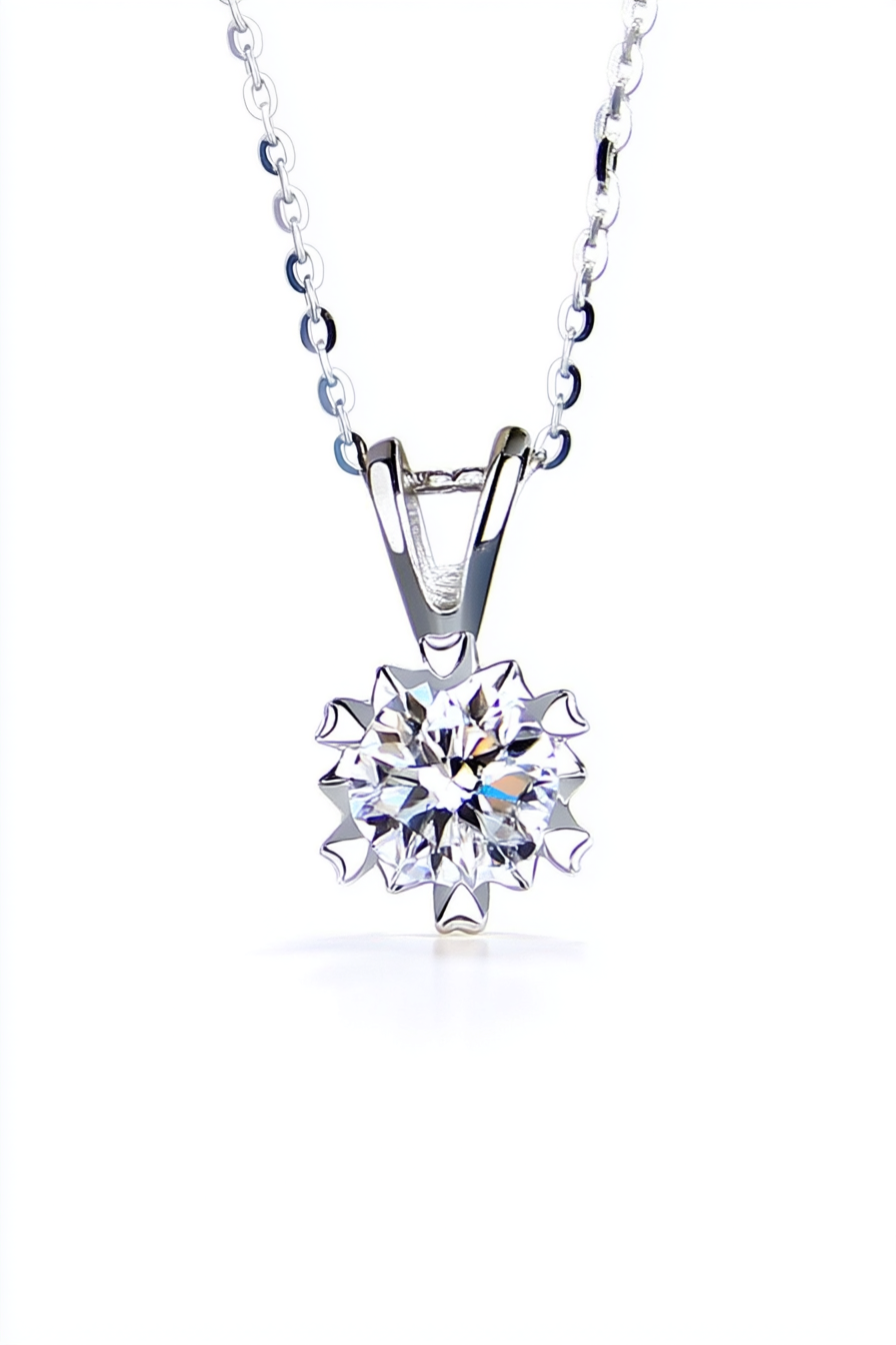Close-up of The Zephyr necklace featuring a brilliant 1.0 carat moissanite center stone set in a solid S925 silver windmill halo.