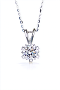 Close-up of The Zephyr necklace featuring a brilliant 1.0 carat moissanite center stone set in a solid S925 silver windmill halo.