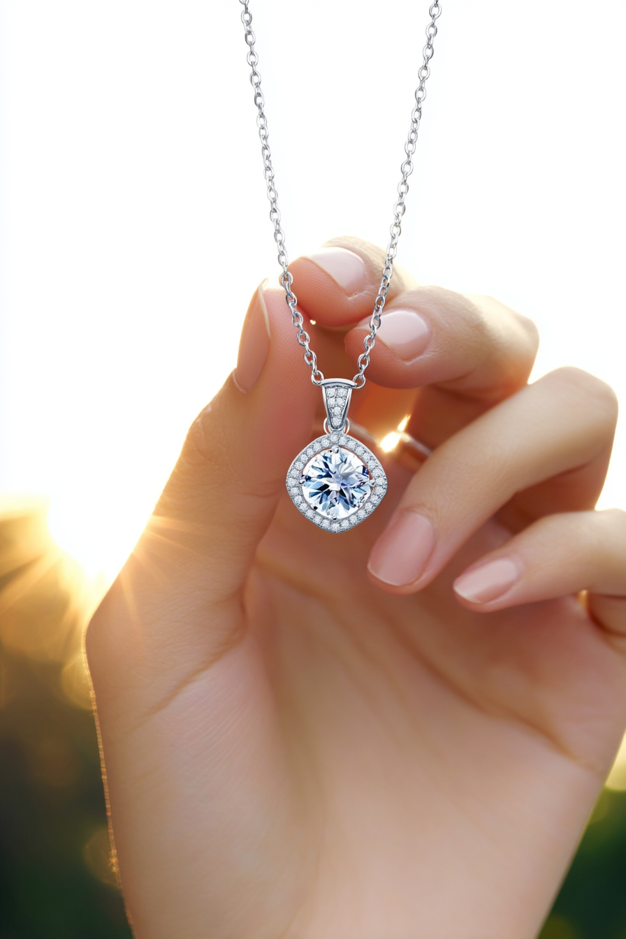 Close-up of The Aurelia pendant featuring a 1.0 carat moissanite surrounded by a cushion-shaped pavé halo in solid 925 sterling silver.