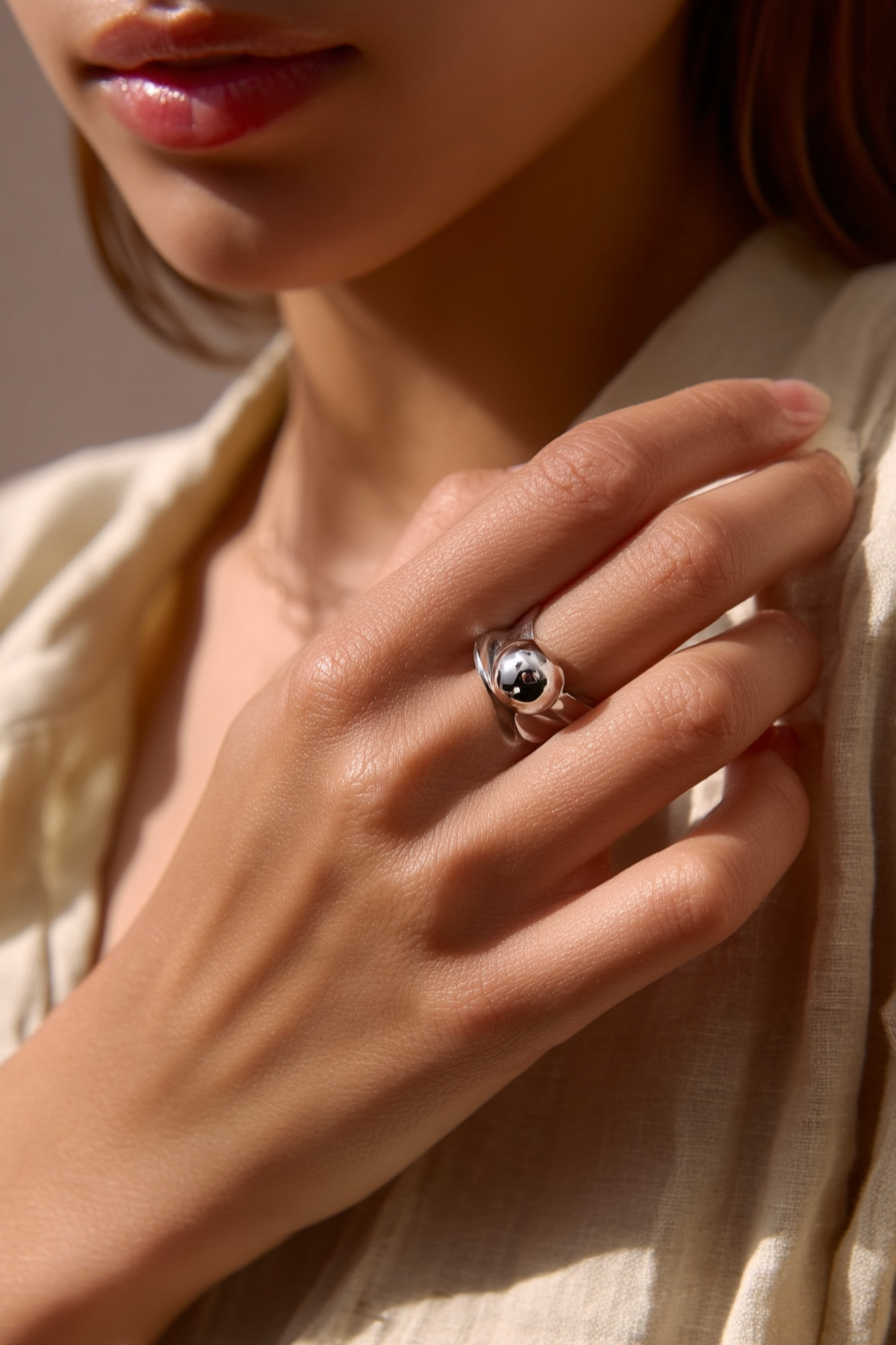Minimalist 925 sterling silver ring with a large smooth polished sphere on a vintage band by Nura Label.