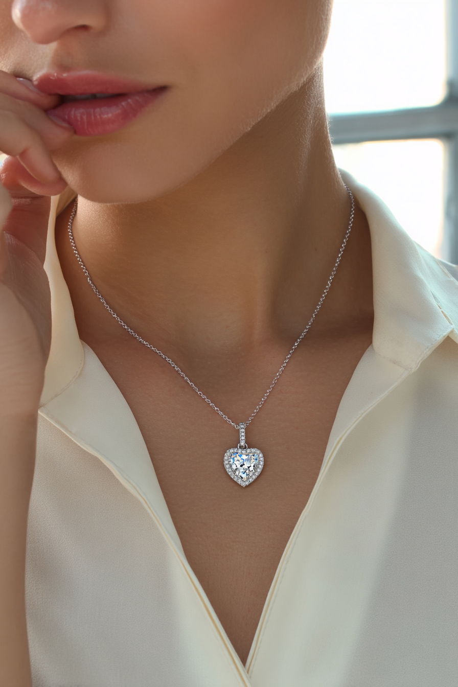 Close-up of The Celeste Heart Necklace featuring a sparkling heart-shaped zircon stone with a pavé halo, set in solid 925 sterling silver.