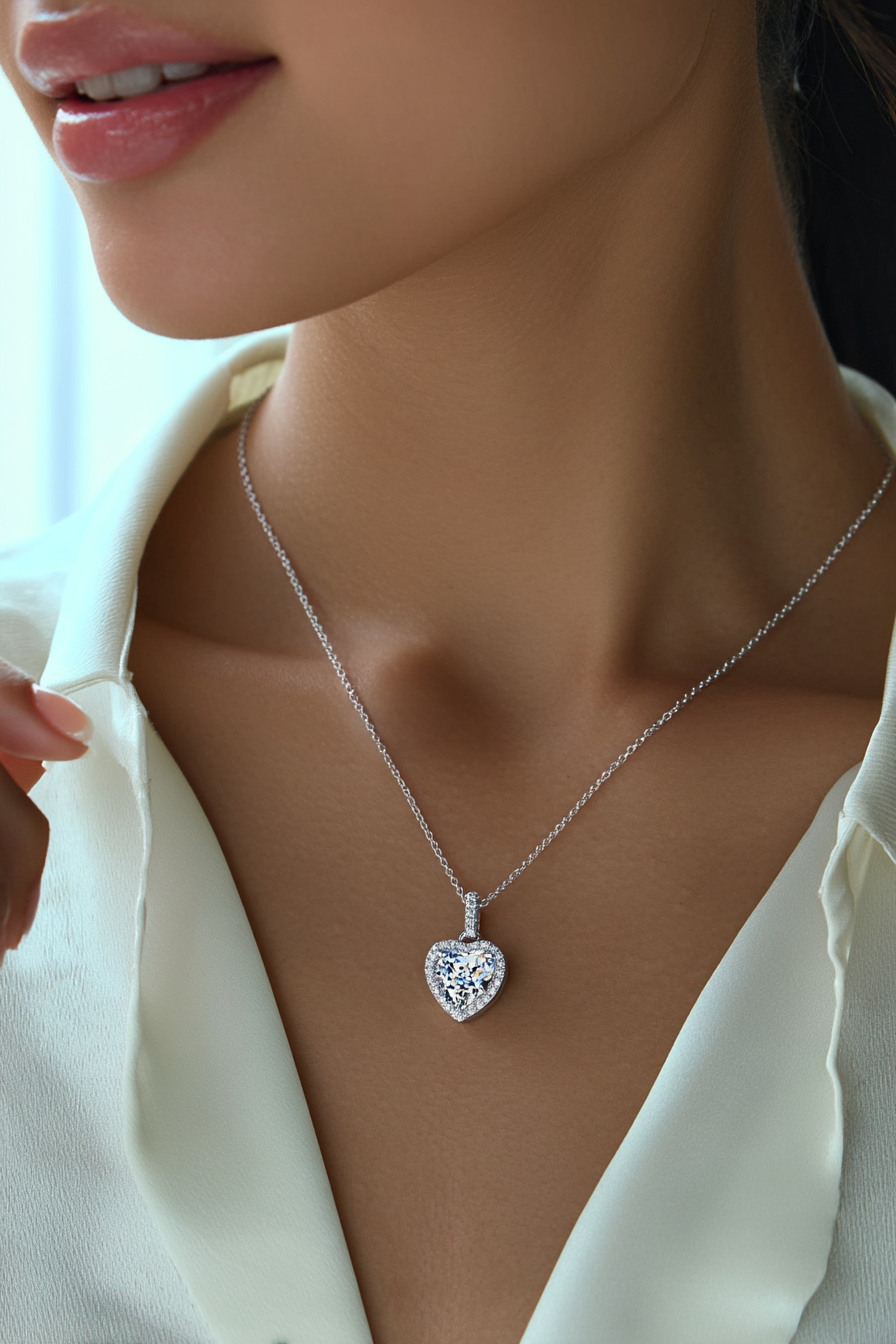 Close-up of The Celeste Heart Necklace featuring a sparkling heart-shaped zircon stone with a pavé halo, set in solid 925 sterling silver.