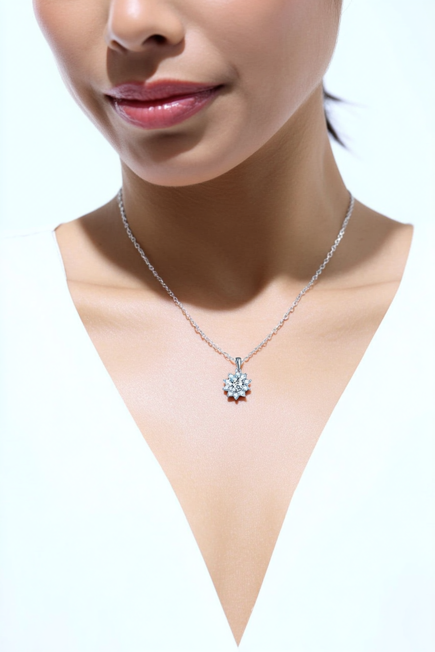Close-up of a 1.0 carat moissanite pendant with a floral pavé halo, set in solid 925 sterling silver.