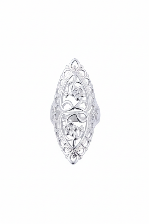 Intricate 925 sterling silver filigree shield ring featuring a hollow-out floral lace pattern, handcrafted statement jewelry by Nura Label.
