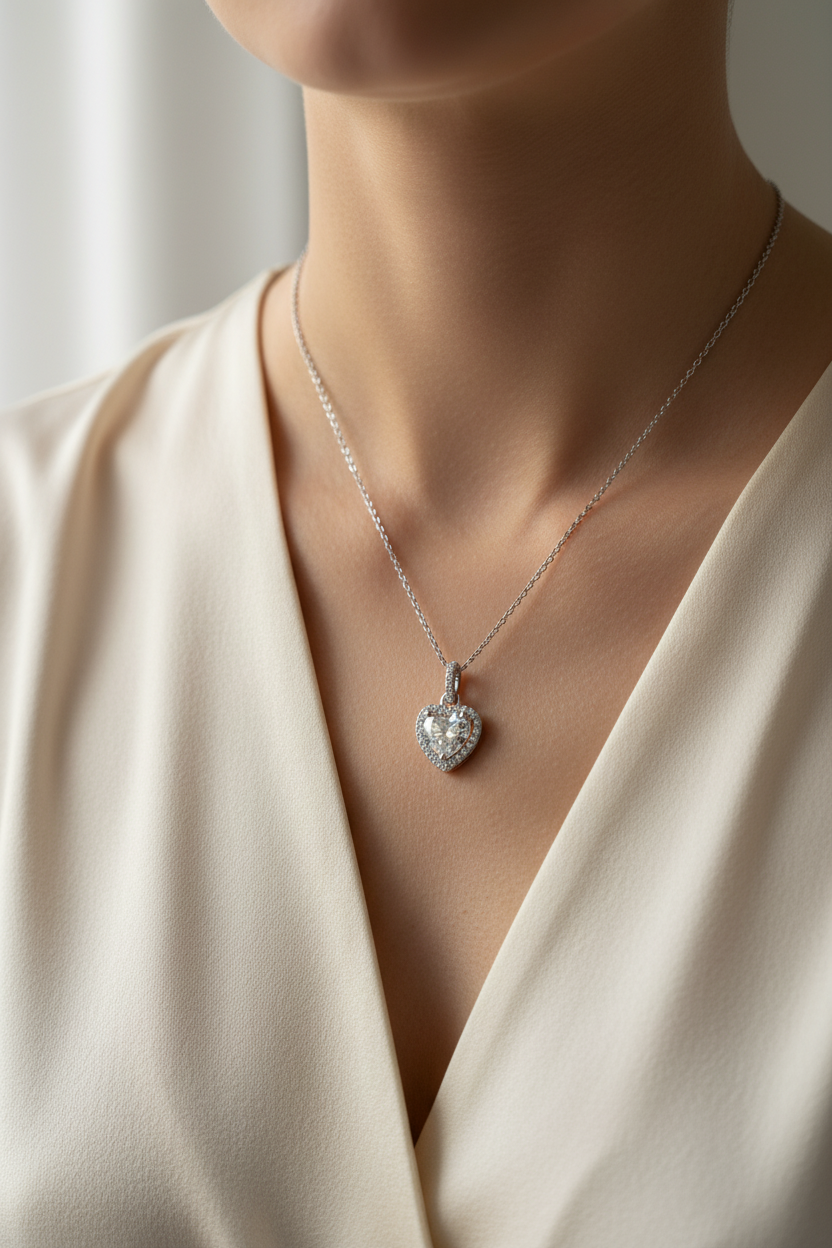 Close-up of The Celeste Heart Necklace featuring a sparkling heart-shaped zircon stone with a pavé halo, set in solid 925 sterling silver.