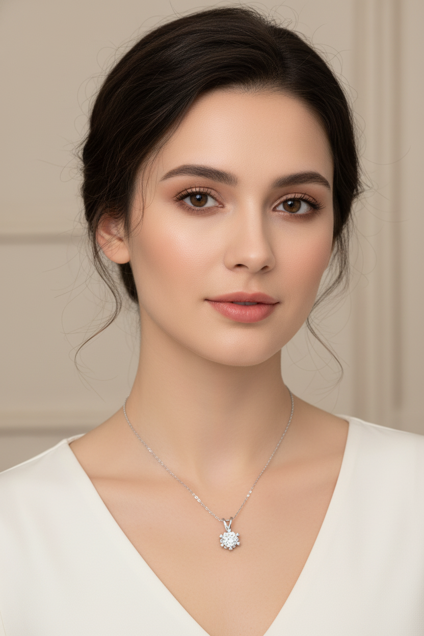 Close-up of The Zephyr necklace featuring a brilliant 1.0 carat moissanite center stone set in a solid S925 silver windmill halo.