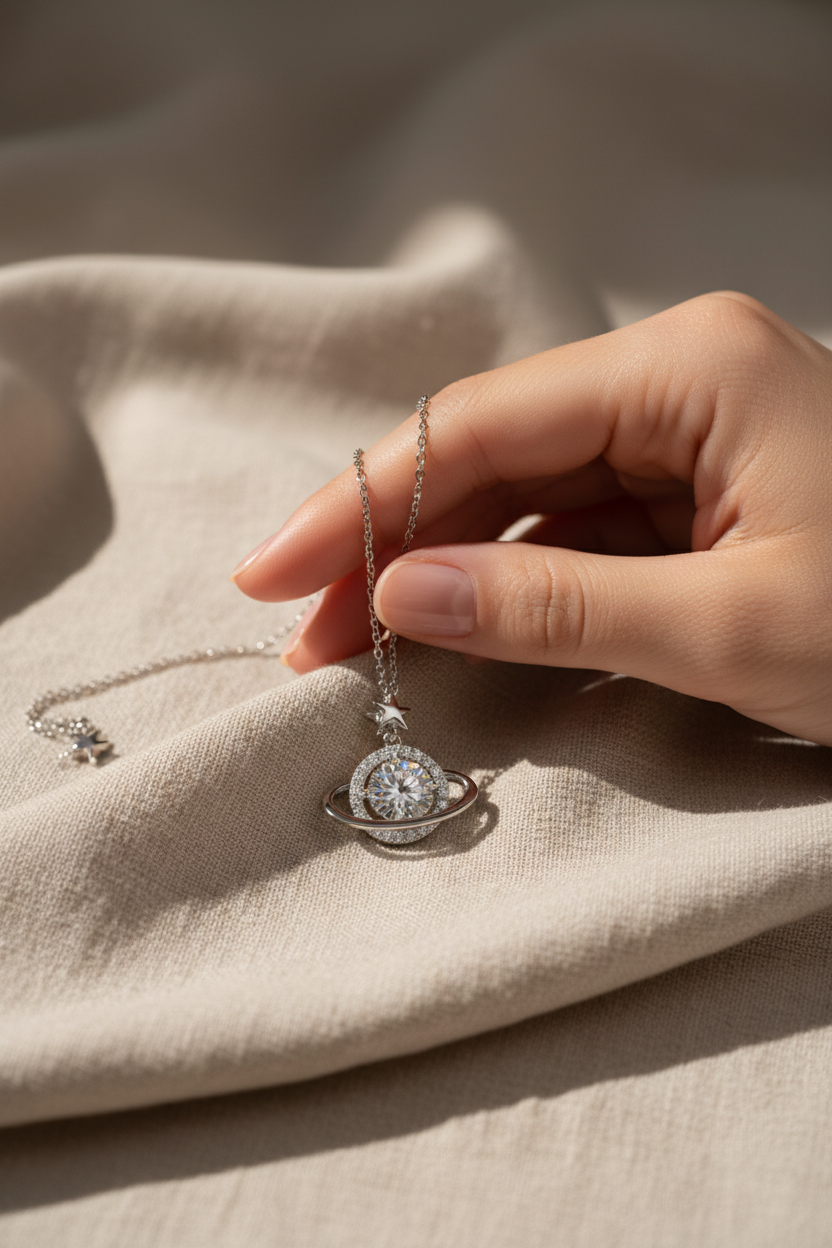 Minimalist shot of The Saturne pendant necklace, showing the solid 925 sterling silver planet design resting on a clean surface.
