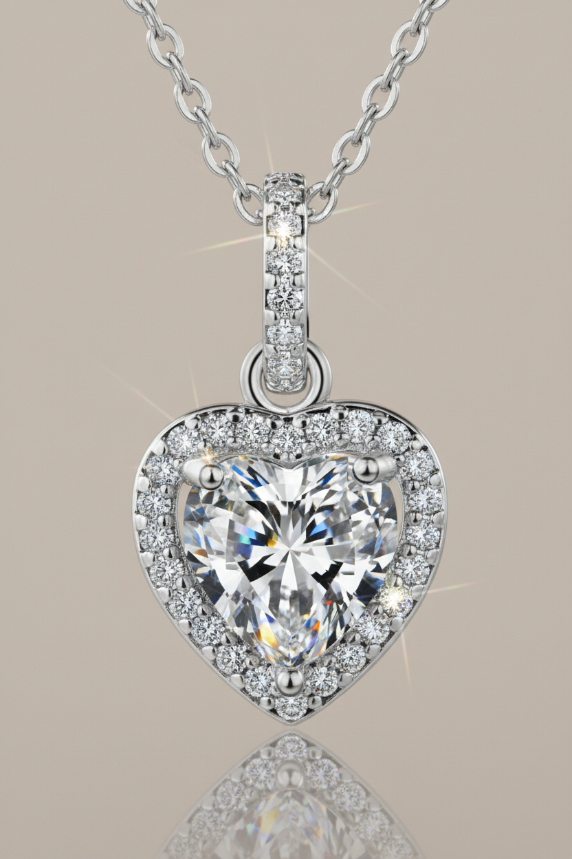 Close-up of The Celeste Heart Necklace featuring a sparkling heart-shaped zircon stone with a pavé halo, set in solid 925 sterling silver.
