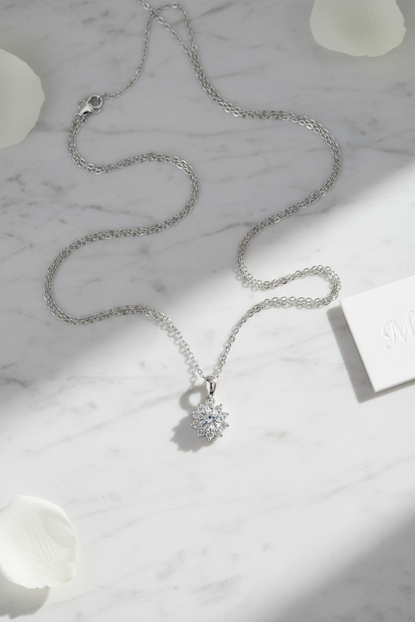 Close-up of a 1.0 carat moissanite pendant with a floral pavé halo, set in solid 925 sterling silver.