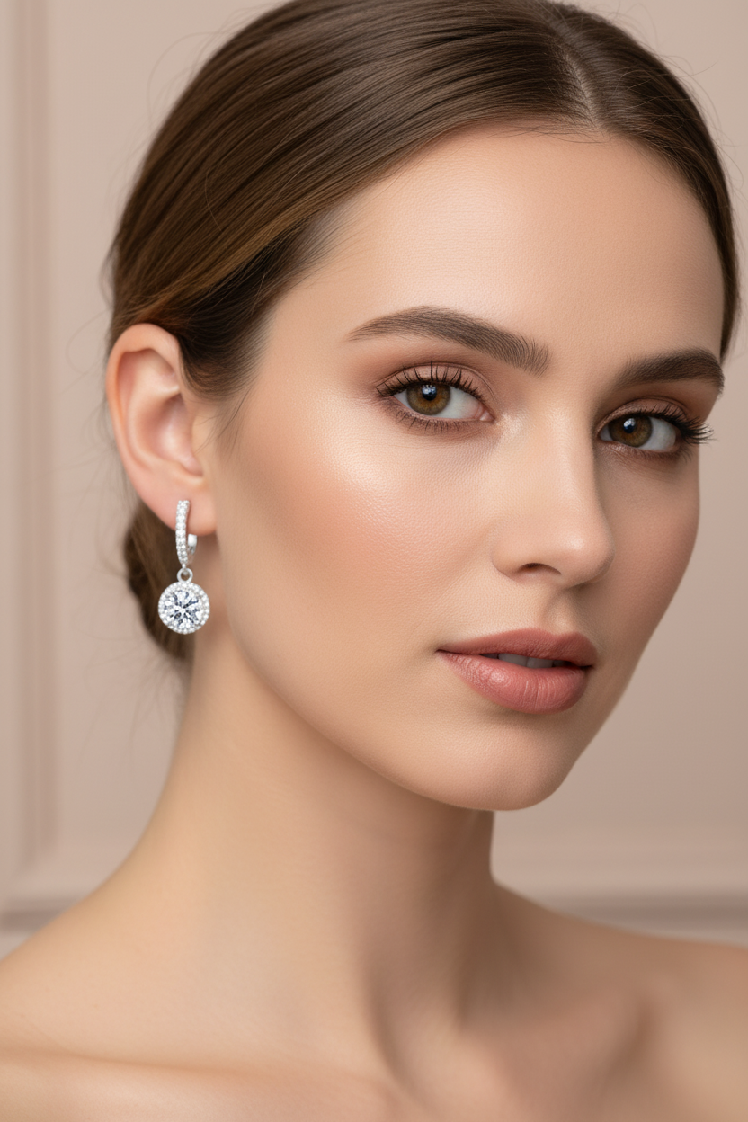 Close-up of The Stella drop earrings featuring a brilliant moissanite center stone in a round pavé halo, suspended from a silver huggie hoop.