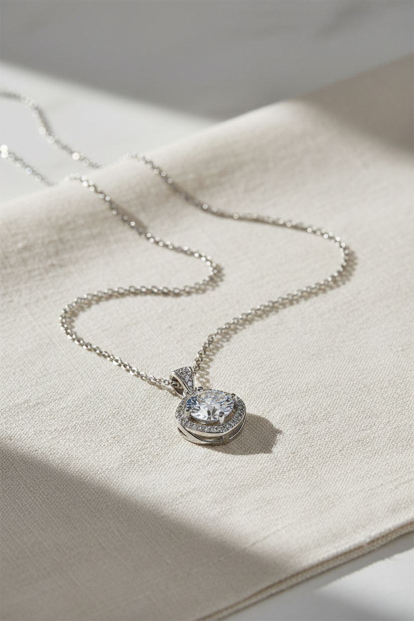 Close-up of The Aurelia pendant featuring a 1.0 carat moissanite surrounded by a cushion-shaped pavé halo in solid 925 sterling silver.