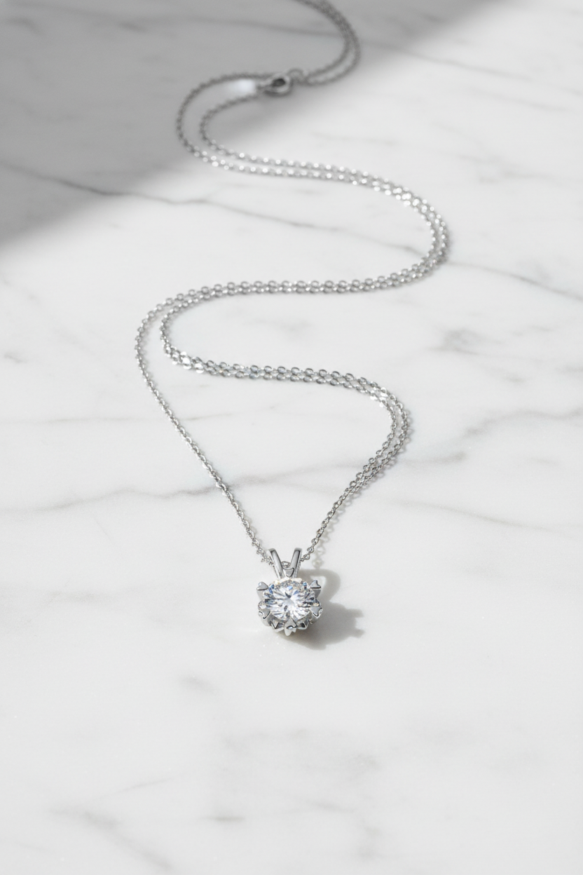 Close-up of The Zephyr necklace featuring a brilliant 1.0 carat moissanite center stone set in a solid S925 silver windmill halo.