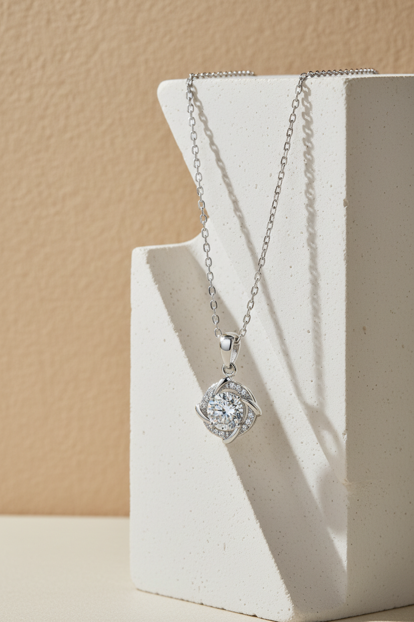 Close-up of The Nova pendant, featuring a 1.0 carat round moissanite stone centered inside a sharp square pavé halo in solid 925 silver.