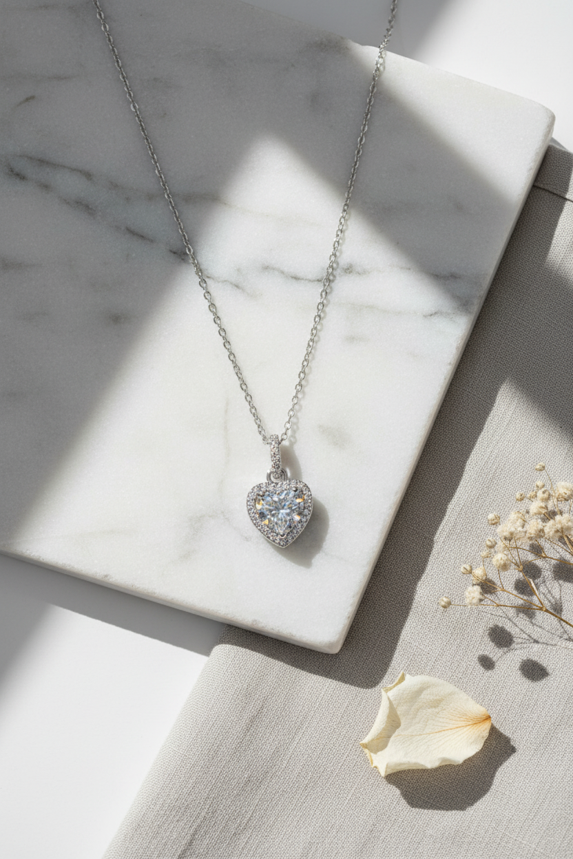 Close-up of The Celeste Heart Necklace featuring a sparkling heart-shaped zircon stone with a pavé halo, set in solid 925 sterling silver.