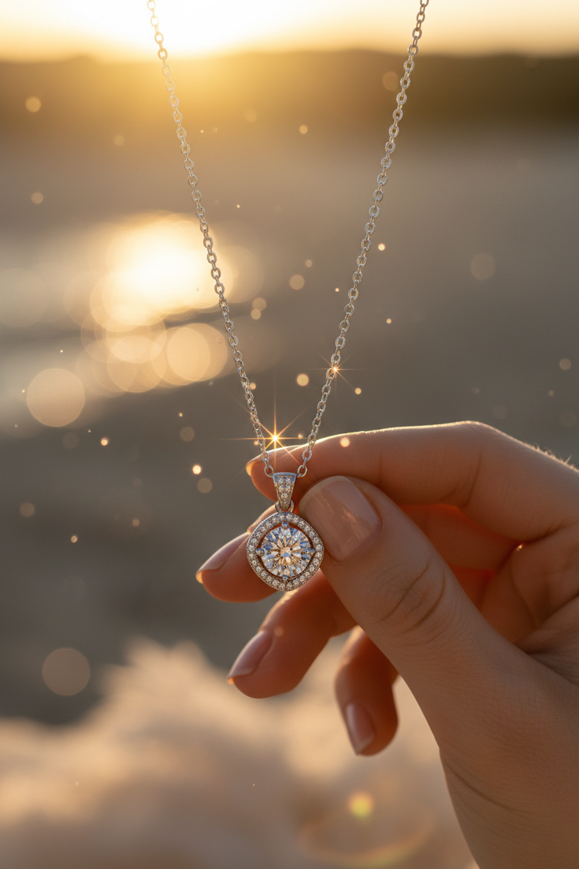 Close-up of The Aurelia pendant featuring a 1.0 carat moissanite surrounded by a cushion-shaped pavé halo in solid 925 sterling silver.