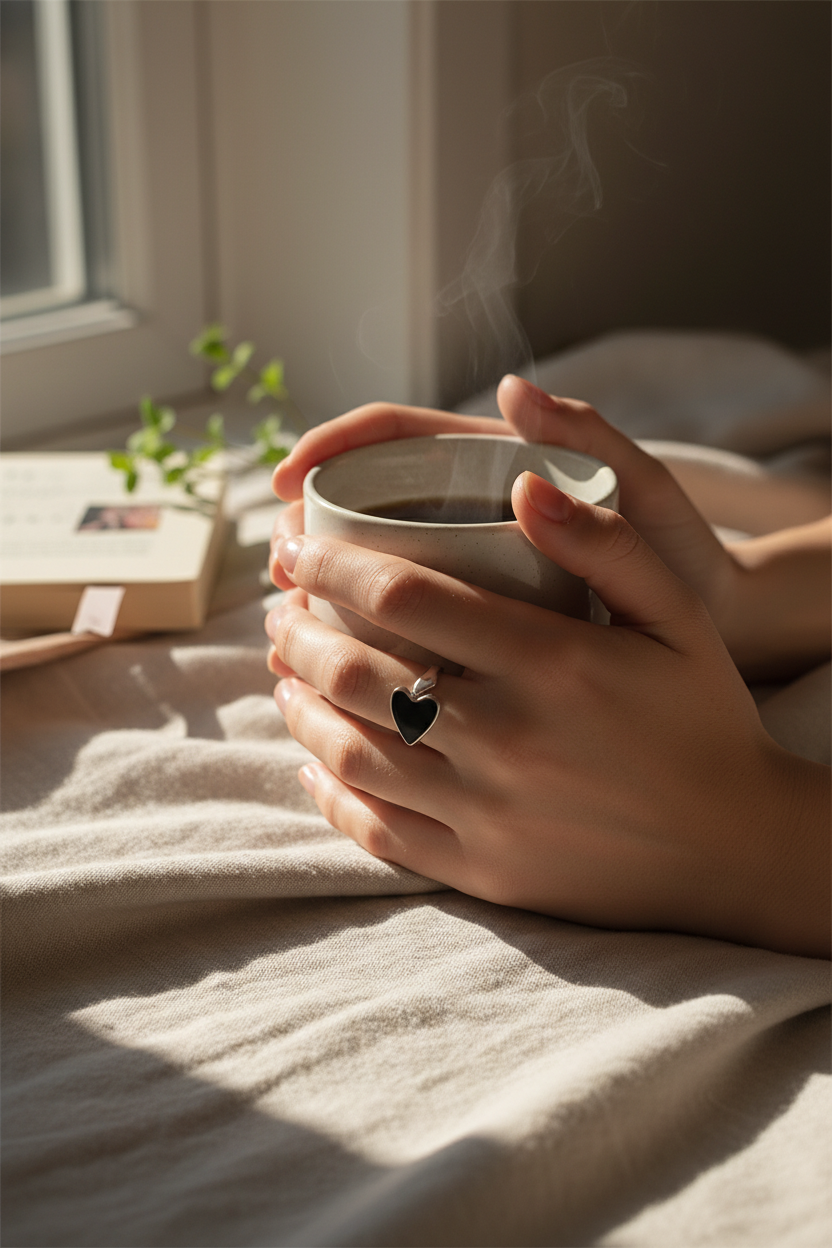 Minimalist 925 sterling silver ring featuring a central black heart-shaped emblem, handcrafted vintage-style jewelry by Nura Label.