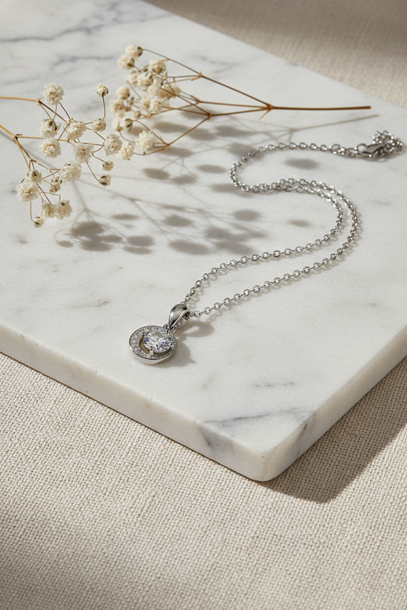 Close-up of The Selene Necklace featuring a 1.0 carat moissanite center stone cradled by a pavé crescent moon, set in solid 925 sterling silver.