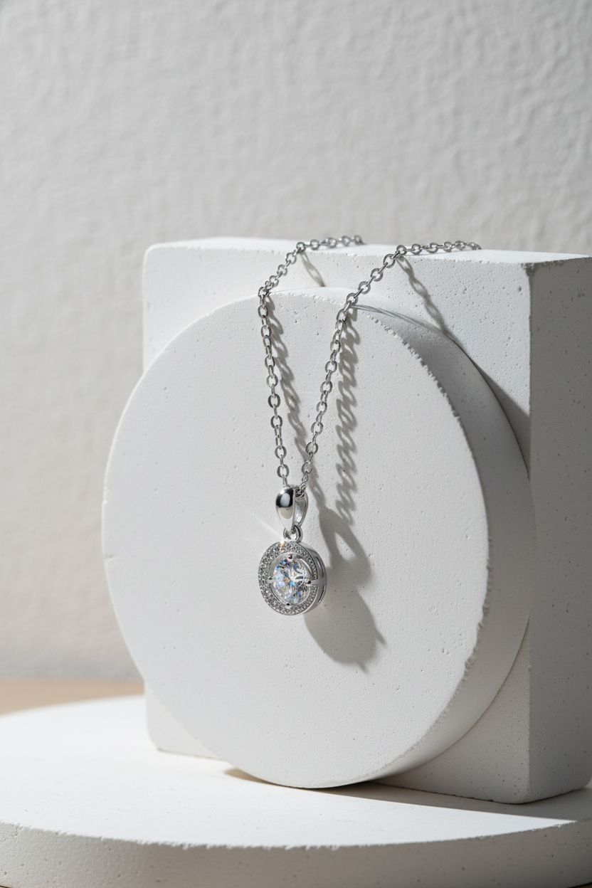 Close-up of The Selene Necklace featuring a 1.0 carat moissanite center stone cradled by a pavé crescent moon, set in solid 925 sterling silver.