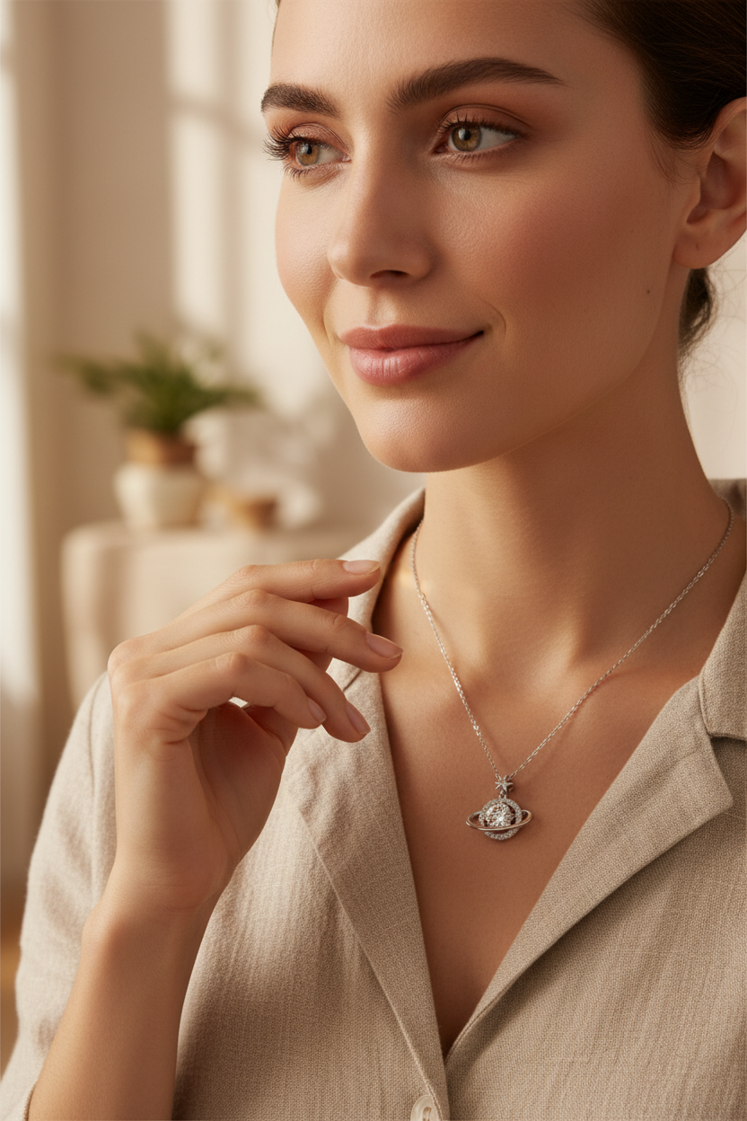 Minimalist shot of The Saturne pendant necklace, showing the solid 925 sterling silver planet design resting on a clean surface.