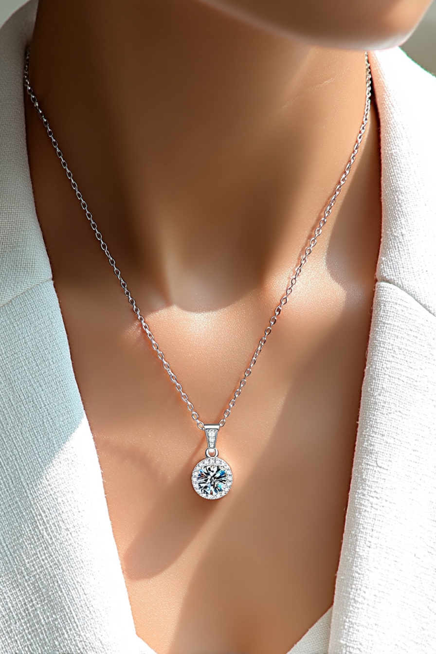 Close-up of The Lyra pendant, featuring a brilliant 1.0 carat round-cut moissanite inside a classic round pavé halo in solid 925 silver.