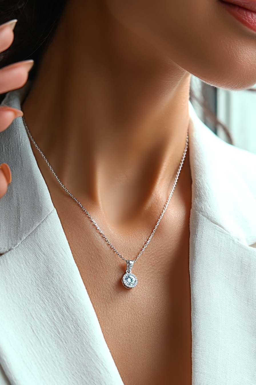Close-up of The Lyra pendant, featuring a brilliant 1.0 carat round-cut moissanite inside a classic round pavé halo in solid 925 silver.