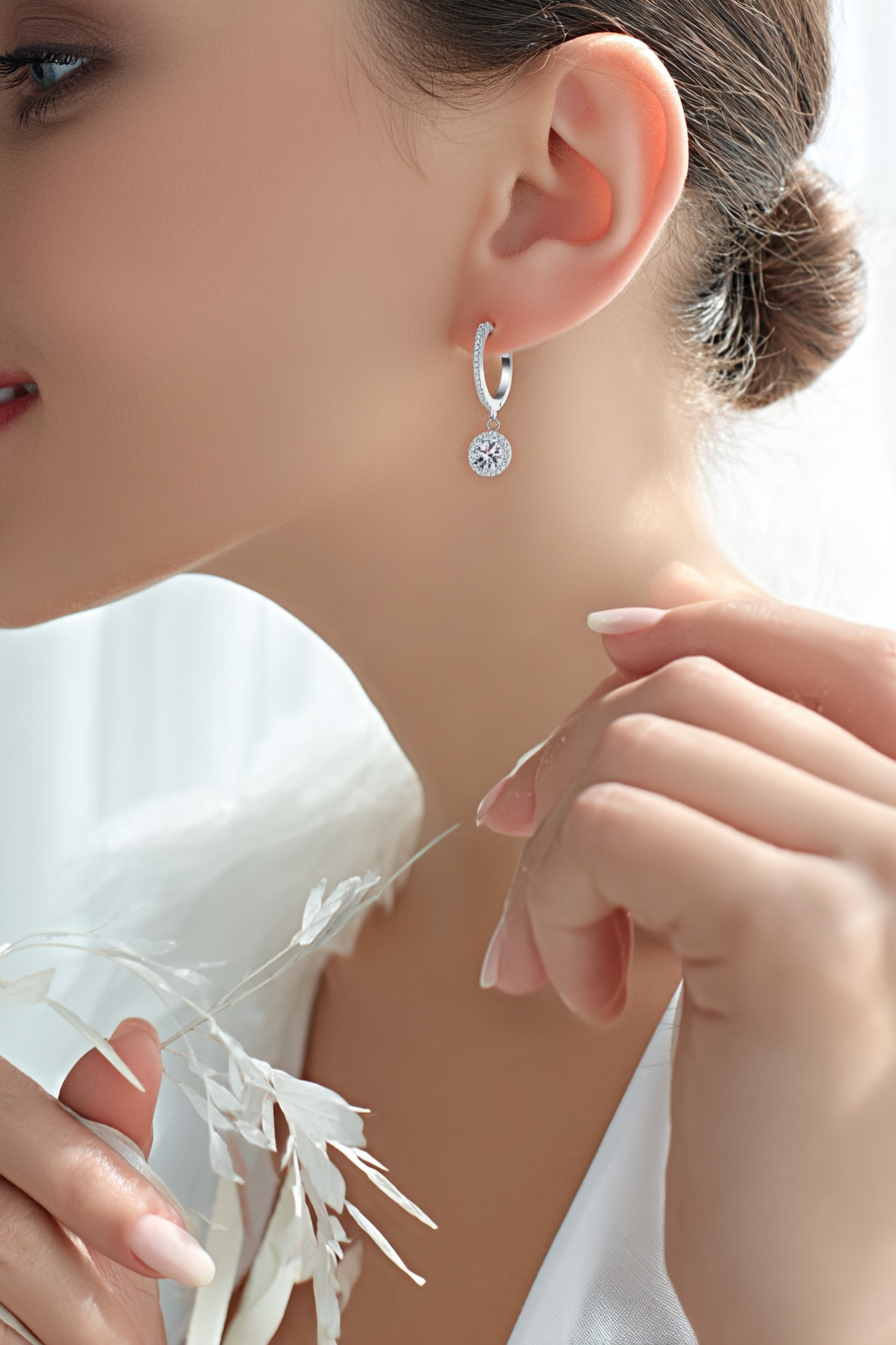 Close-up of The Stella drop earrings featuring a brilliant moissanite center stone in a round pavé halo, suspended from a silver huggie hoop.