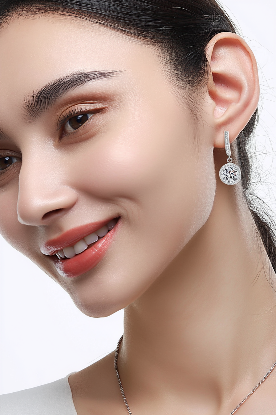 Close-up of The Stella drop earrings featuring a brilliant moissanite center stone in a round pavé halo, suspended from a silver huggie hoop.